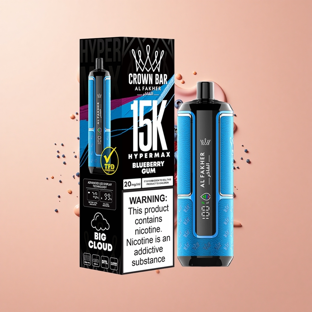 Al Fakher Crown Bar 15K Hypermax Chiclete de Mirtilo com Bateria Recarregável e Portátil