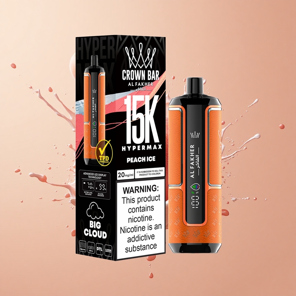 Al Fakher Crown Bar 15K Hypermax Gelo de Pêssego Portátil e Compacto