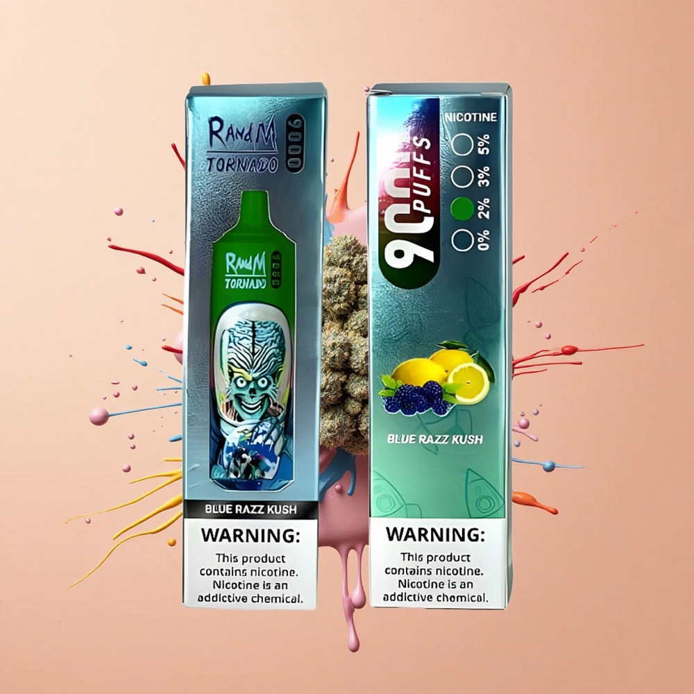 RandM Fumot Tornado 9000 Azul Framboesa Kush com Bateria Recarregável e Bobina em Malha