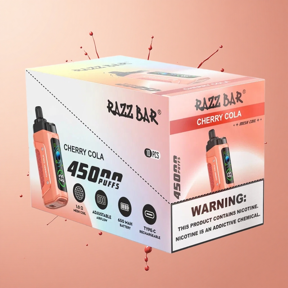 Razz Bar 45000 Cherry Cola com Coil Mesh 10 Ohm e Força de Nicotina 20 mg/ml