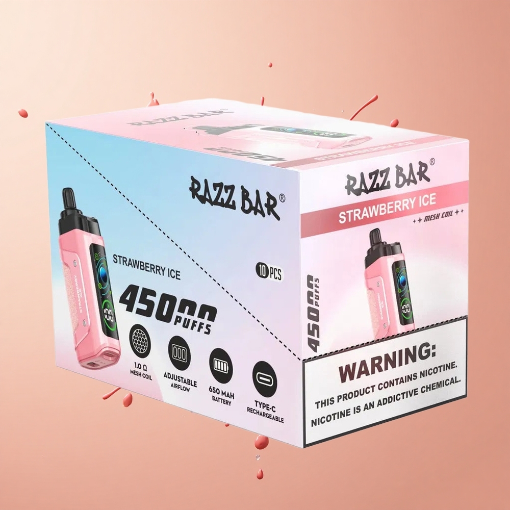 Razz Bar 45000 Gelado de Morango com Coil Mesh 10 Ohm e Força de Nicotina 20 mg/ml