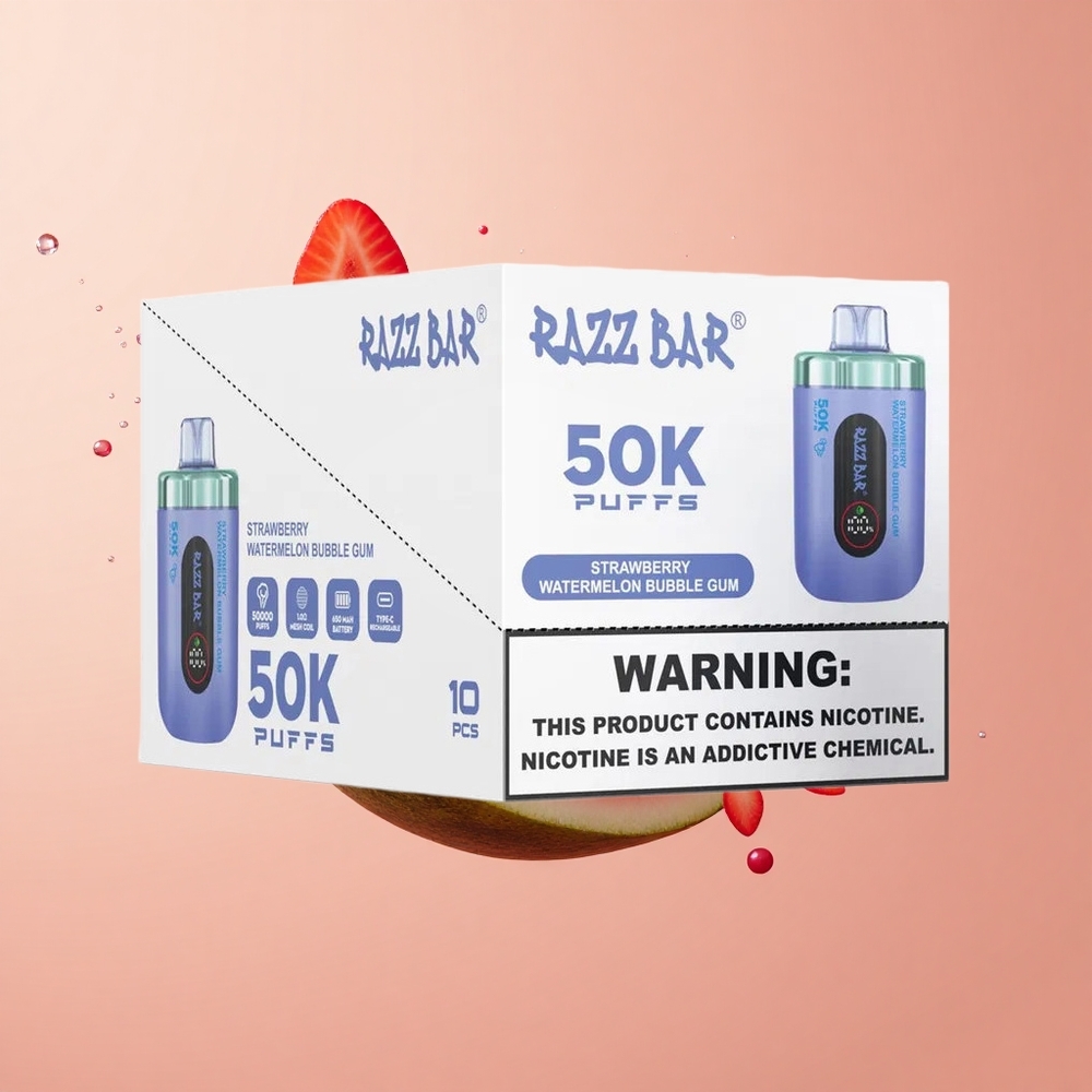 Razz Bar 50K Chiclete de Morango e Melancia com Bobina Mesh e Recarregável Tipo-C