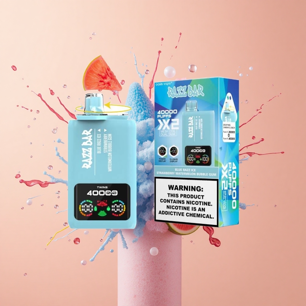 Razz Bar 40000 Goma de Mascar com Sabor de Melancia-Morango e Gelo Azul com Tela de Potência e Bobina Mesh 10Ohm 2