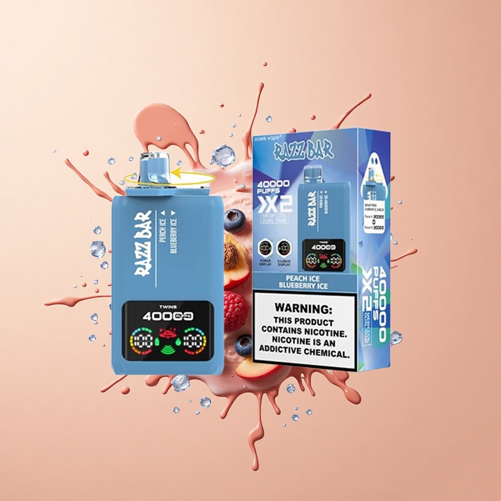 Razz Bar 40000 Gelo de Pêssego - Gelo de Mirtilo com Tela de Potência e Bobina Mesh 10Ohm 2